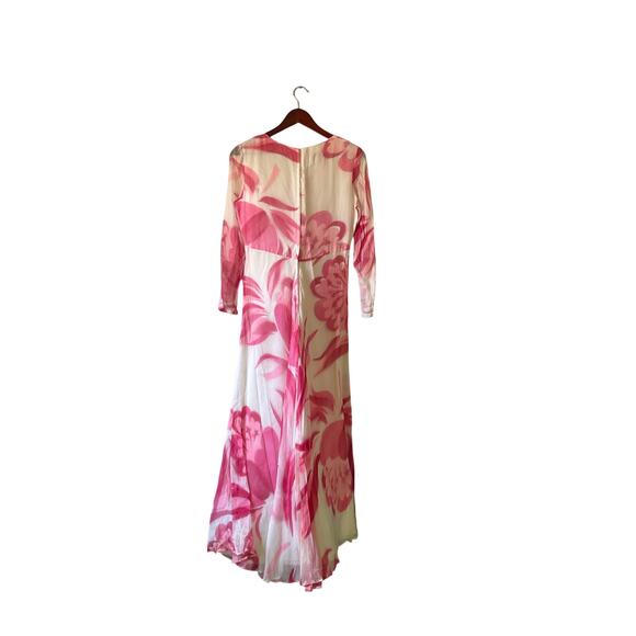 Vintage 60s/70s chiffon long maxi gown pink floral with sheer sleeves small - Picture 4 of 8